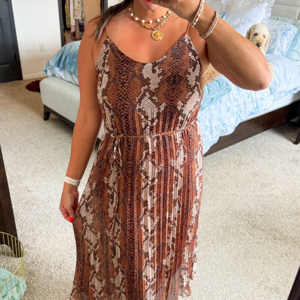 Snake Print Pleated Midi Dress Brown Neutral Animal Print Women’s M